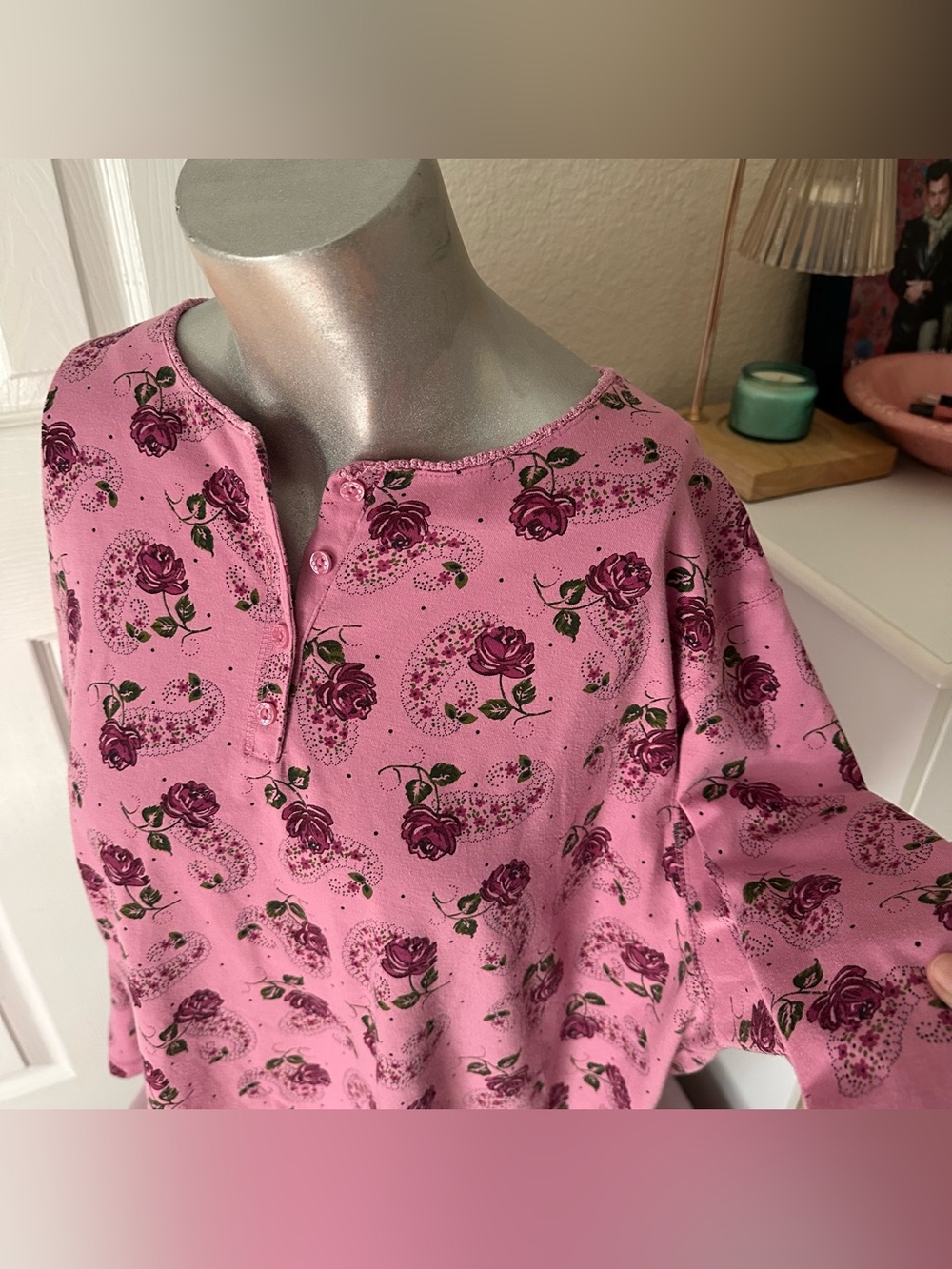 Vintage 90s L.A. Blues Pink & Purple Floral Paisley Print Long-Sleeve Henley Top - Picture 2 of 8